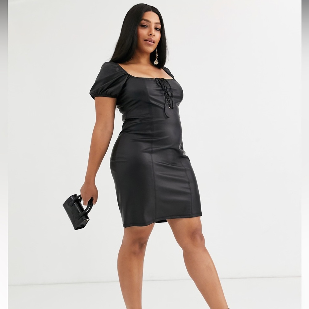 ASOS DESIGN Curve leather look lace up puff sleeve mini dress in black